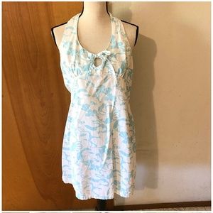 Cotton White Blue Floral Halter Dress